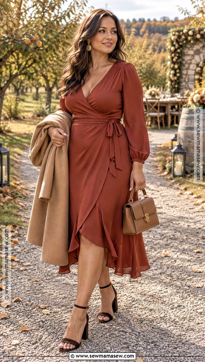 Rust Wrap Dress Wedding Guest Outfit - 25 wedding guest looks fall