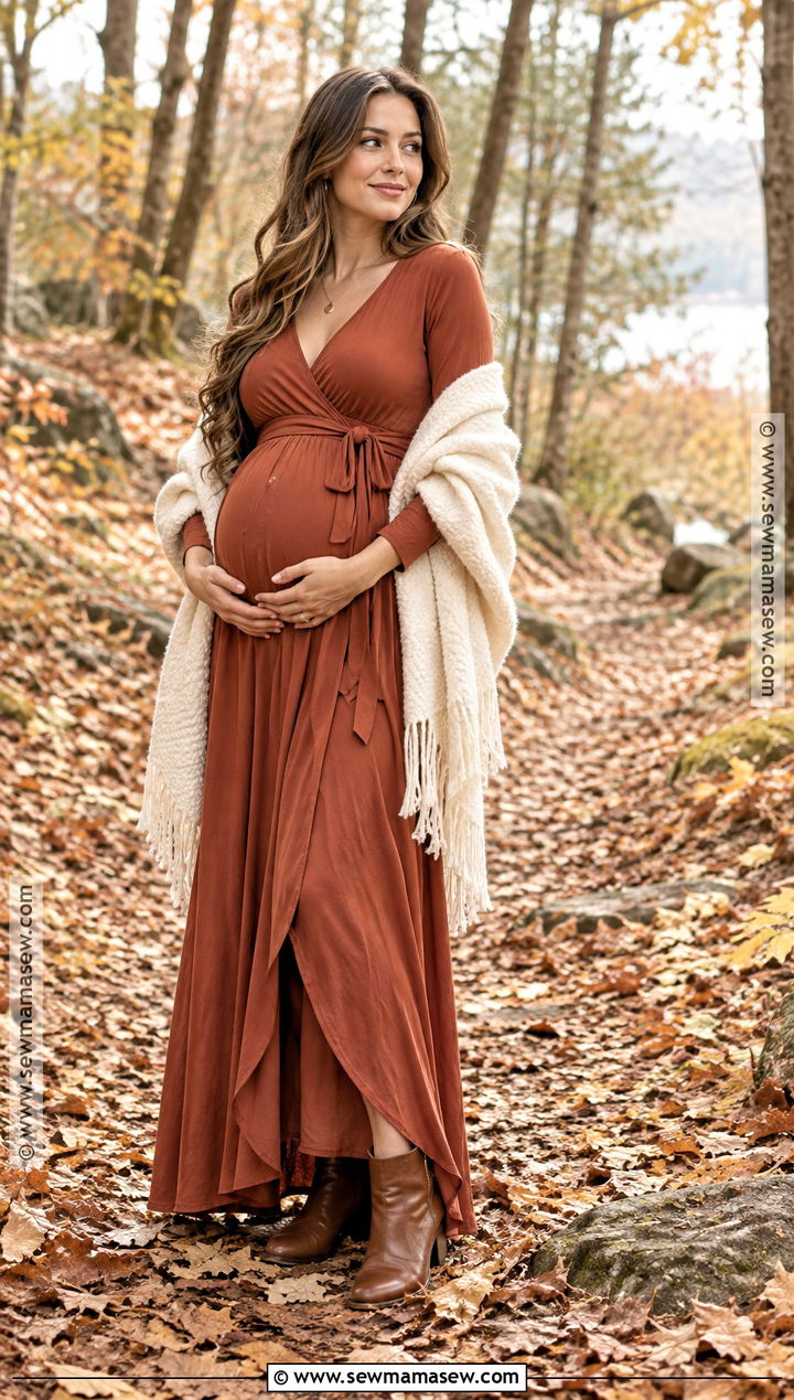 Rust Wrap Dress and Wool Shawl Maternity Photoshoot Outfit - 20 November Maternity Photoshoot Outfits