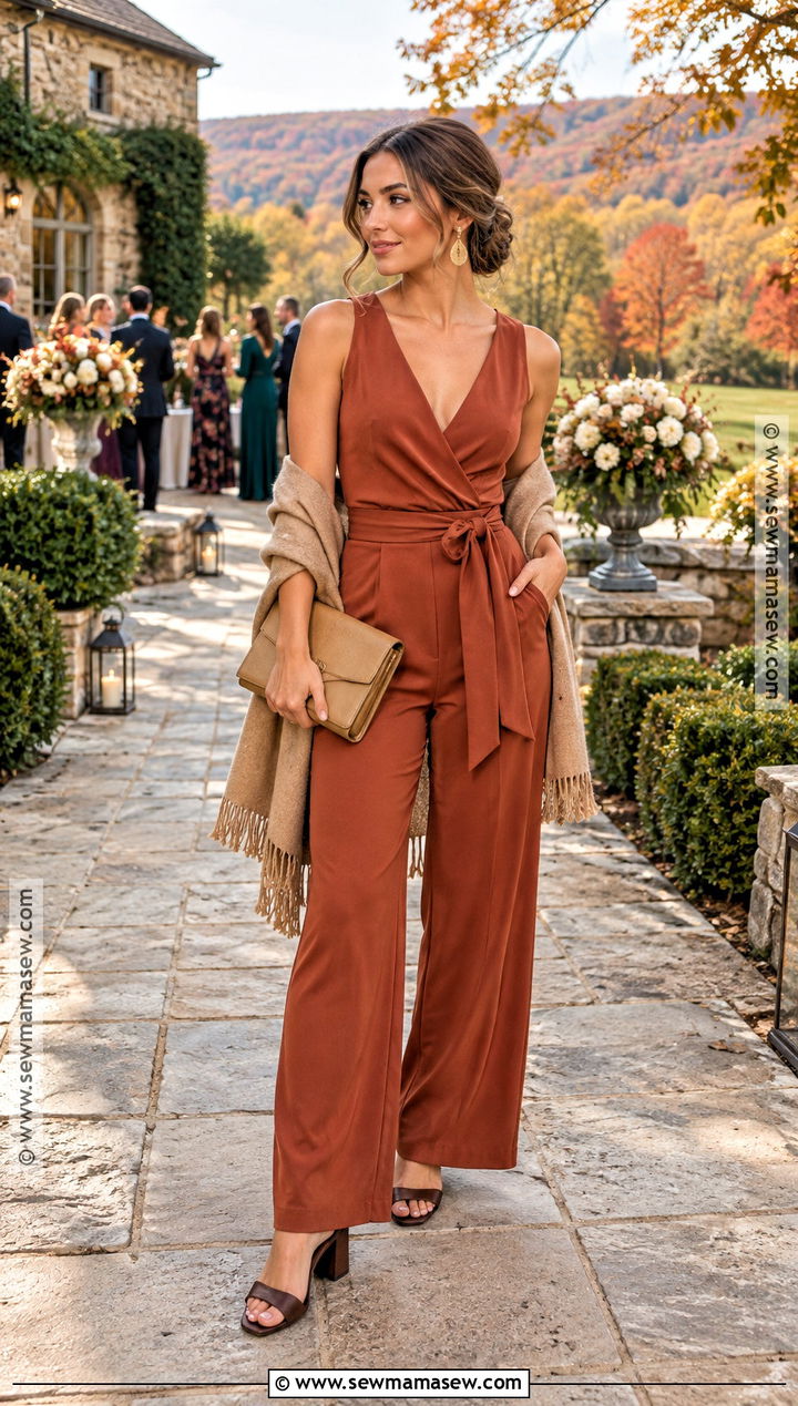 Rust Wrap Fall Wedding Jumpsuit - 15 Fall Jumpsuit Outfit Wedding Ideas