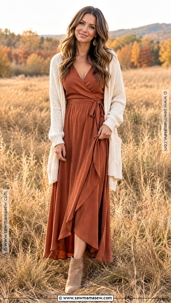 Rust Wrap Maxi Dress Outfit - 20 fall dresses for family pictures
