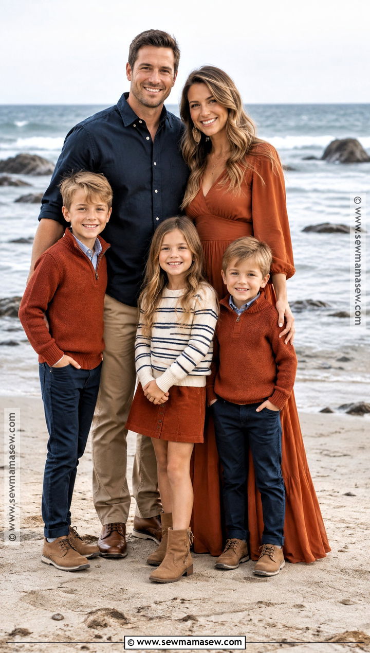 Rust and Navy Fall Beach Family Outfit - 15 fall beach photoshoot family outfits