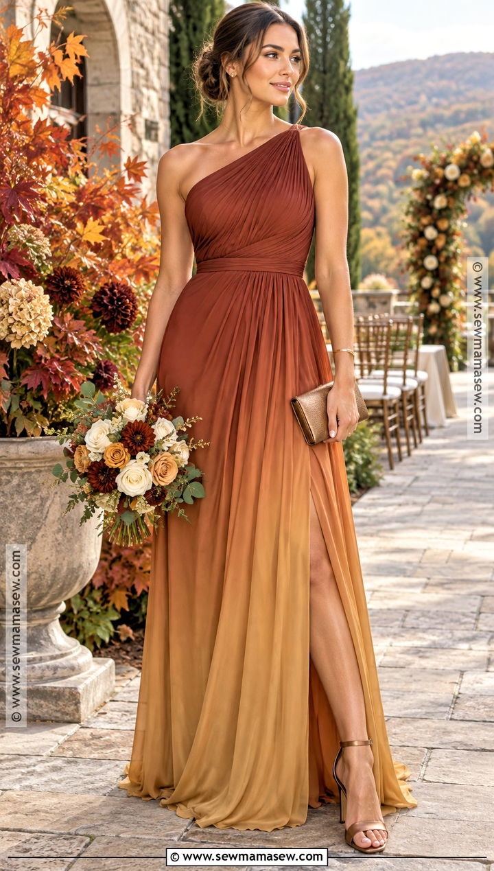 Rust to Gold Ombre One Shoulder Bridesmaid Dress - 15 fall wedding bridesmaid dresses ombre