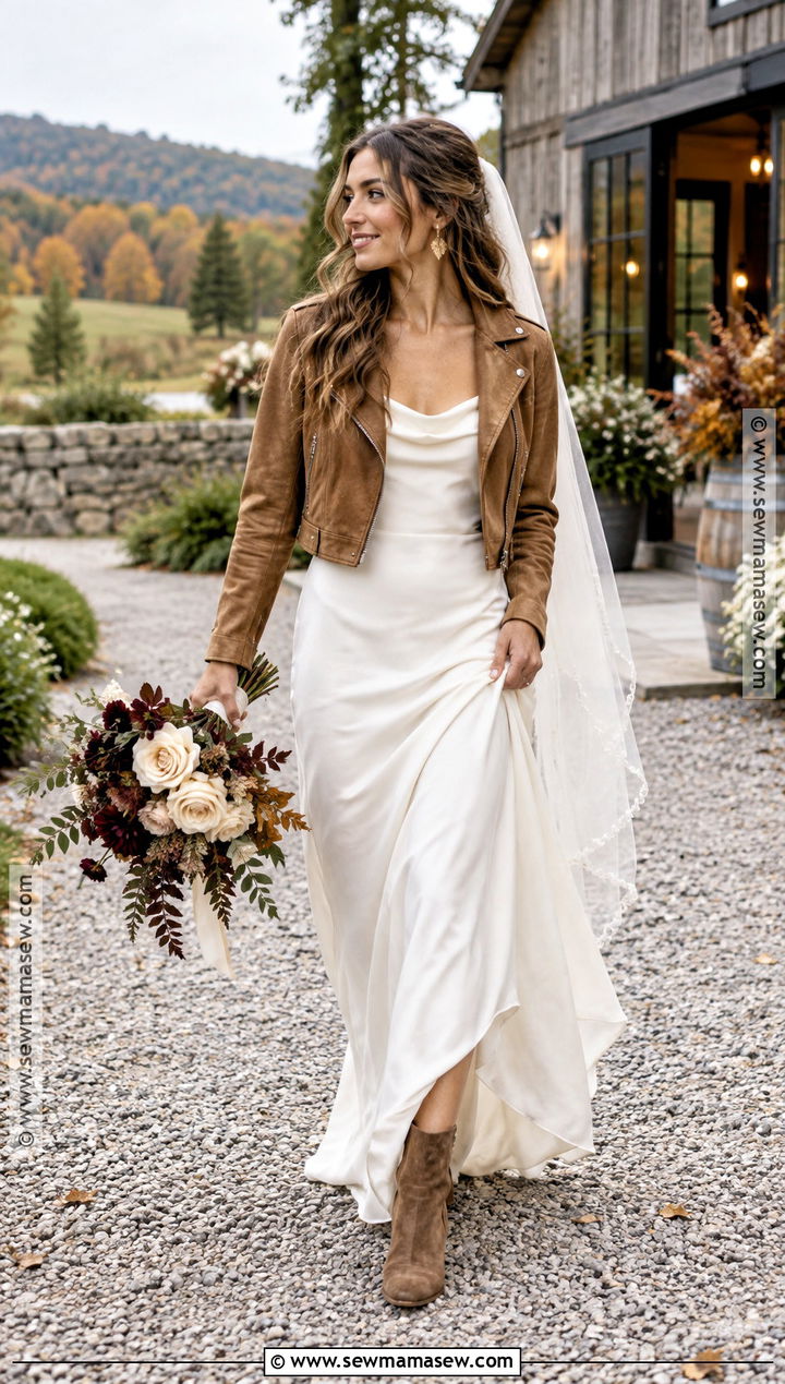 Rustic Fall Wedding Dress With Leather Jacket - 20 rustic fall wedding dress ideas
