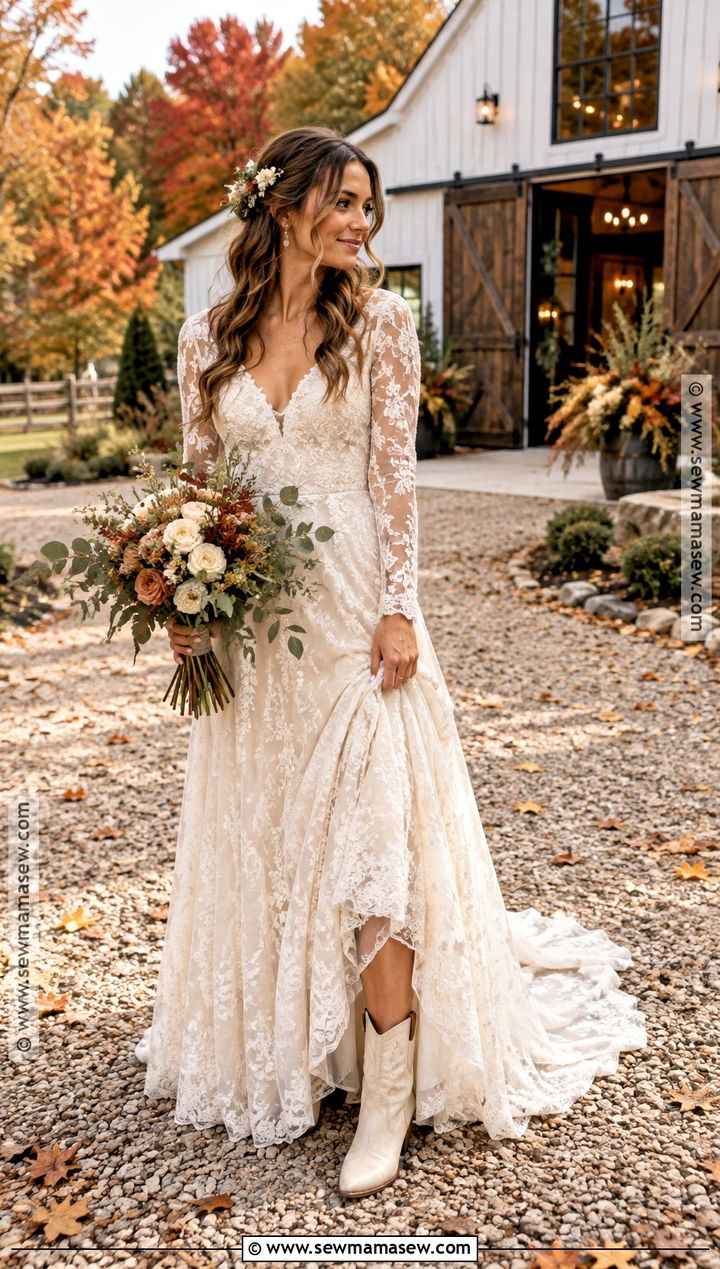 Rustic Lace Fall Wedding Dress With Boots - 25 fall wedding dresses bride