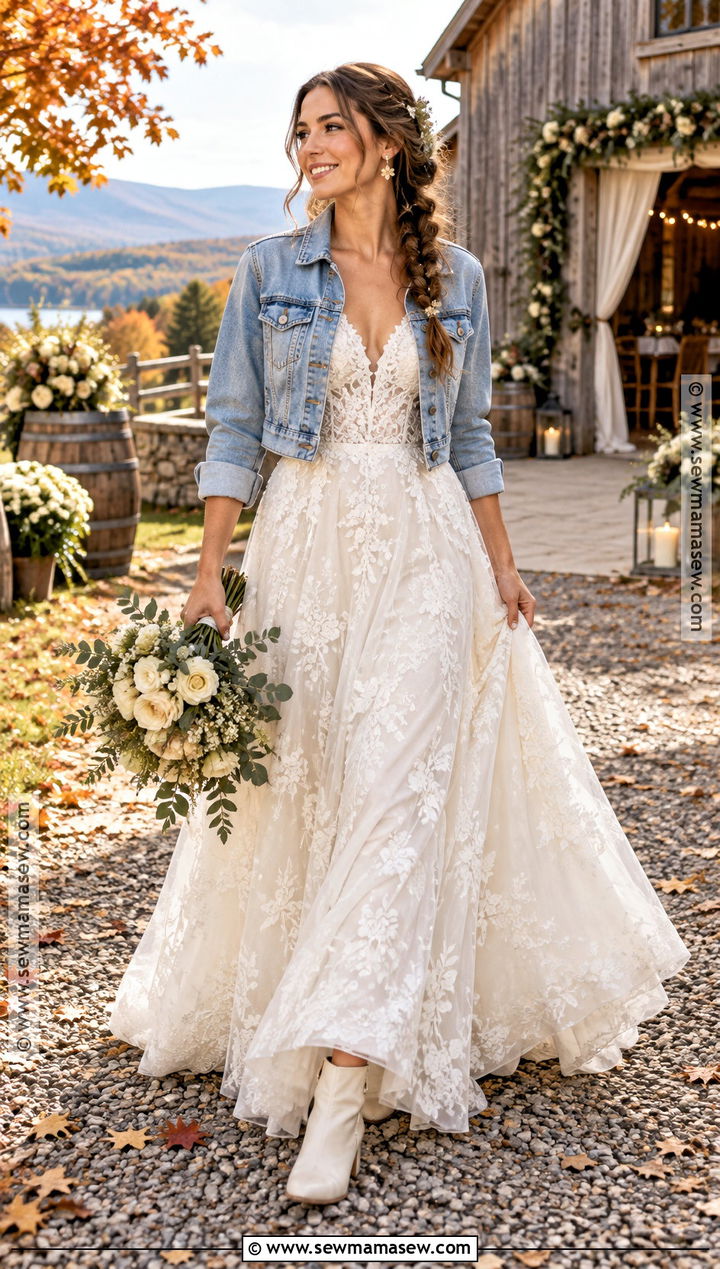 Rustic Wedding Dress With Denim Jacket - 15 Fall Wedding Dress Coverup Ideas