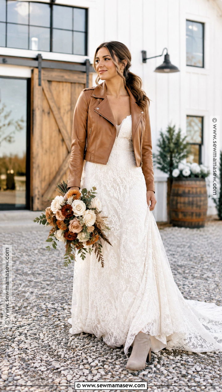 Rustic Wedding Dress With Leather Jacket - 15 Autumn Wedding Accessory Inspiration Ideas