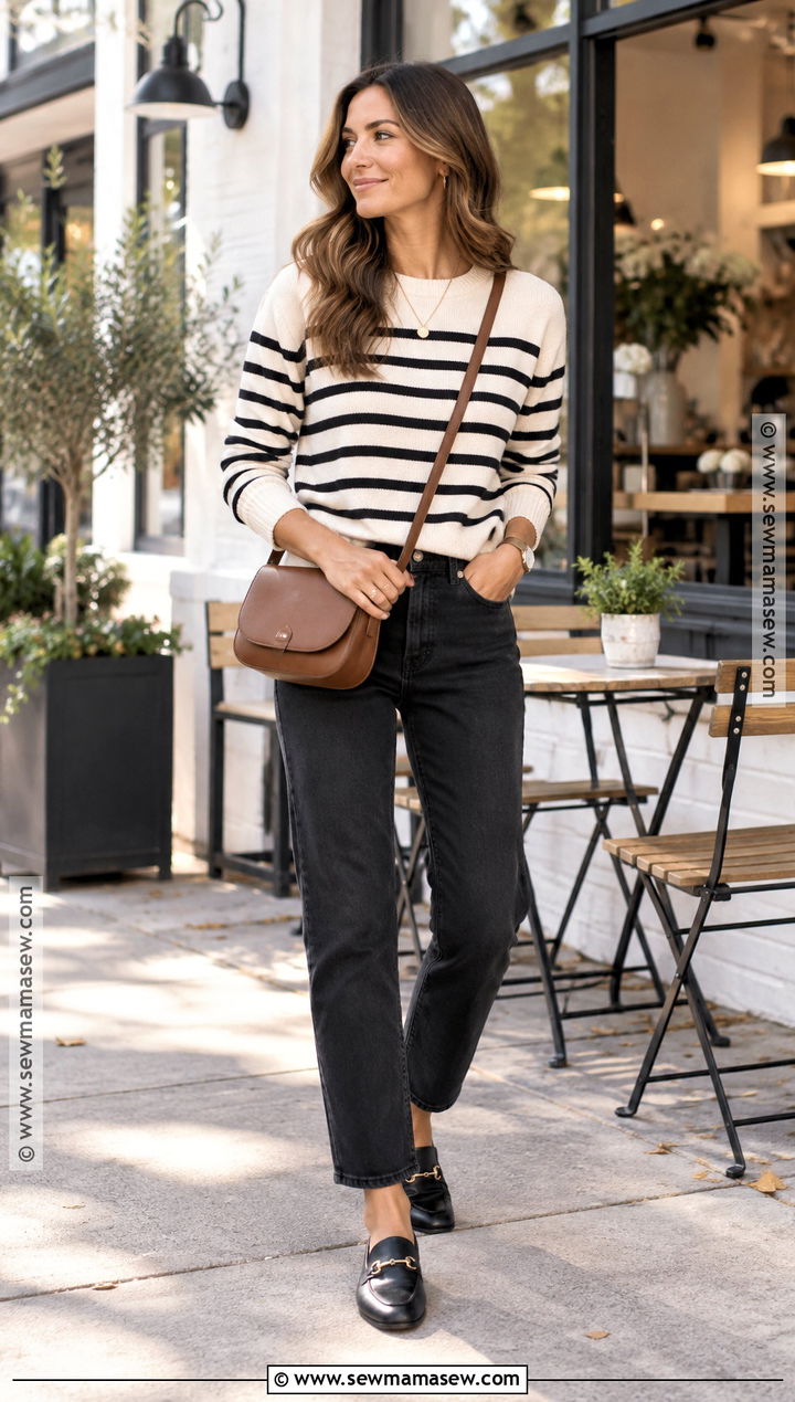SAHM Fall Outfit With Black Jeans And Striped Sweater - 15 Sahm Capsule Wardrobe Fall Ideas