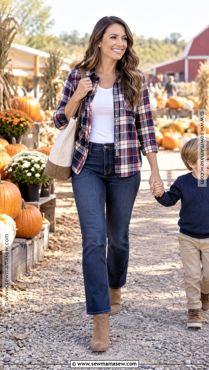 SAHM Fall Outfit With Flannel Shirt And Dark Jeans - 15 Sahm Capsule Wardrobe Fall Ideas