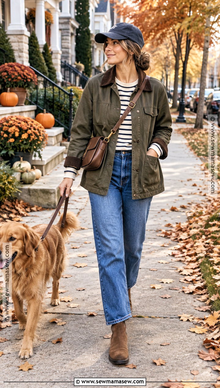 SAHM Fall Outfit With Relaxed Jeans And Barn Jacket - 15 Sahm Capsule Wardrobe Fall Ideas