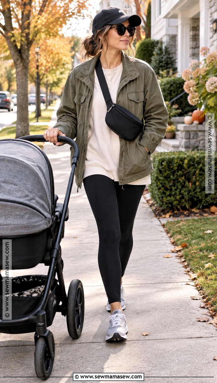 SAHM Fall Outfit With Utility Jacket And Black Leggings - 15 Sahm Capsule Wardrobe Fall Ideas