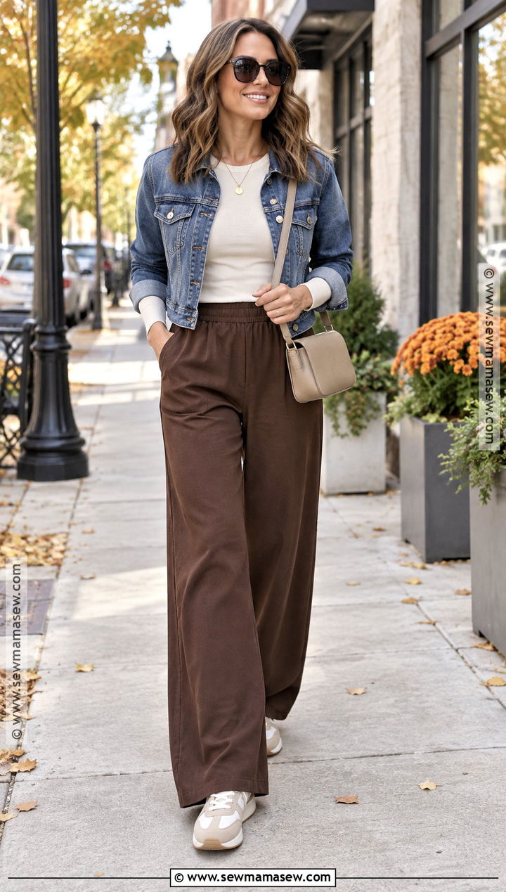SAHM Fall Outfit With Wide Leg Pants And Fitted Tee - 15 Sahm Capsule Wardrobe Fall Ideas