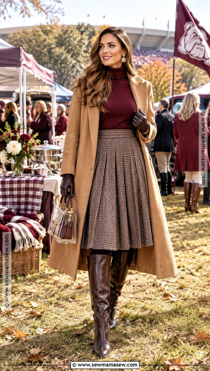 SEC Gameday Coat And Midi Skirt - 15 Sec Gameday Outfits Fall