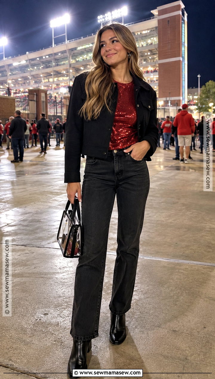 SEC Gameday Sequin Top And Black Jeans - 15 Sec Gameday Outfits Fall