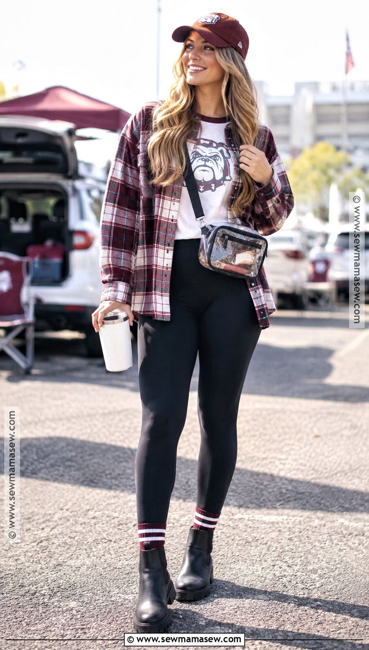 SEC Gameday Shacket And Black Leggings - 15 Sec Gameday Outfits Fall