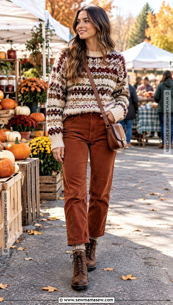 SHEIN Autumn Fair Isle Sweater And Corduroy Pants Outfit - 25 shein autumn outfits