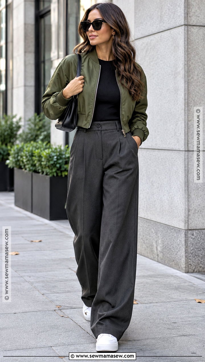 SHEIN Bomber Jacket And Wide Leg Pants Outfit - 25 fall shein outfit ideas