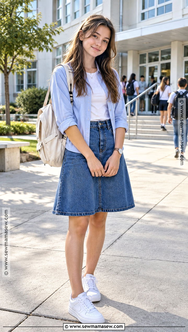 SHEIN Button Up Shirt And Denim Skirt Outfit - 15 Back To School Shein Outfits Highschool