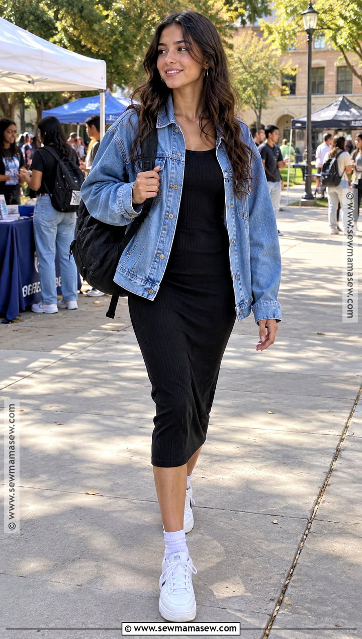 SHEIN Denim Jacket And Black Dress College Outfit - 15 shein back to school outfits college