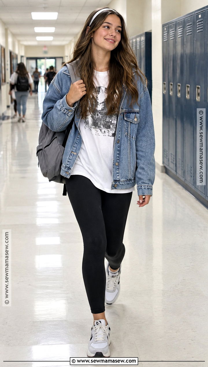 SHEIN Denim Jacket And Black Leggings Outfit - 15 Back To School Shein Outfits Highschool