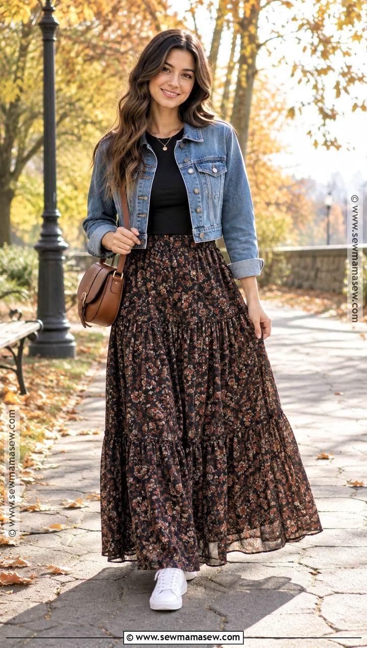 SHEIN Denim Jacket And Maxi Skirt Outfit - 25 fall shein outfit ideas