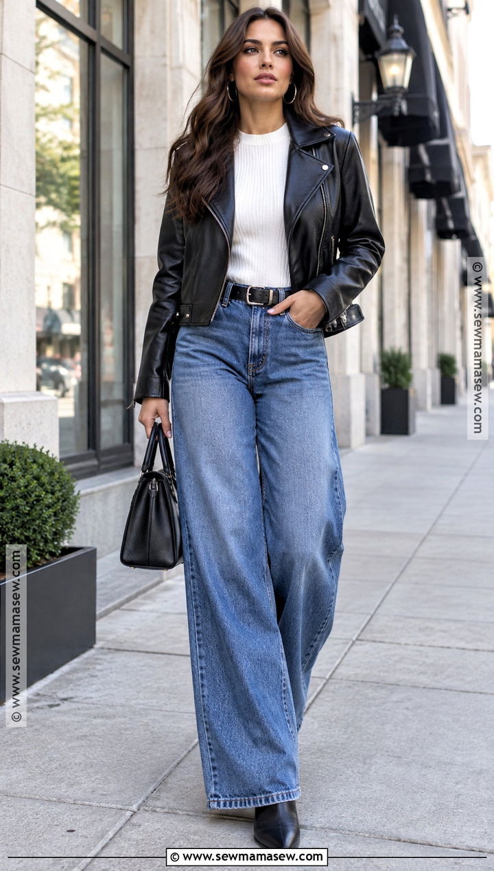 SHEIN Fall Faux Leather Jacket and Wide Leg Jeans Outfit - 15 fall shien outfit ideas