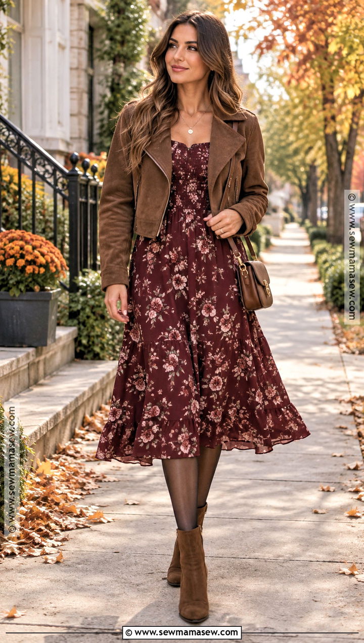 SHEIN Fall Floral Midi Dress and Suede Look Jacket Outfit - 15 fall shien outfit ideas