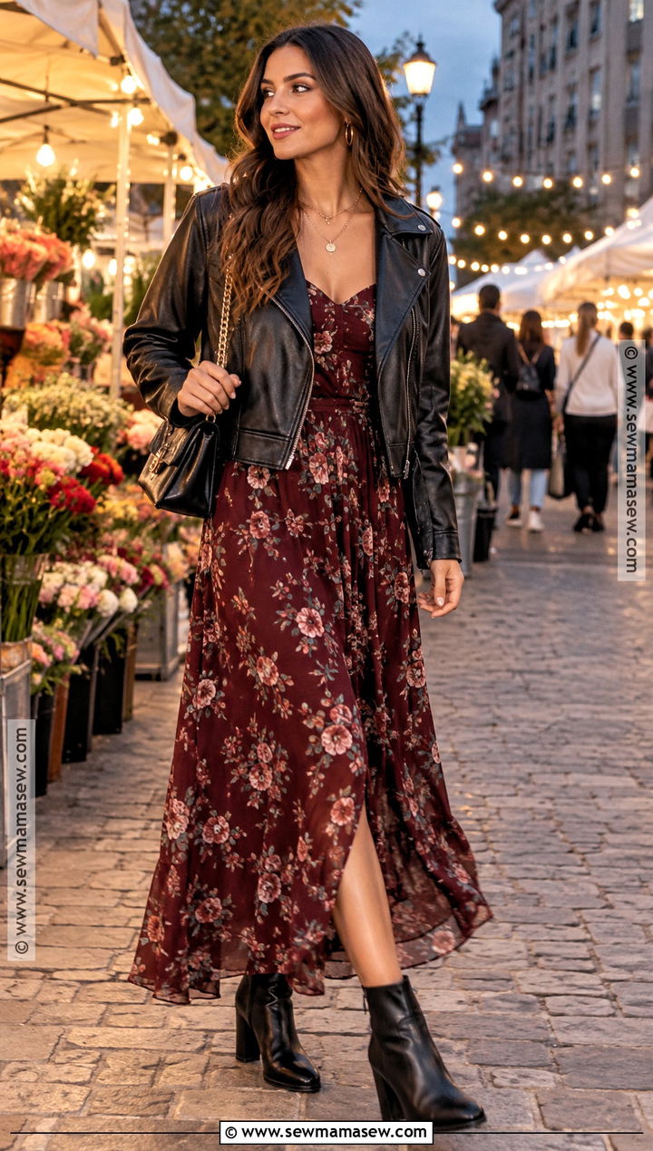 SHEIN Floral Maxi Dress And Moto Jacket Outfit - 15 fall date night outfit shein ideas