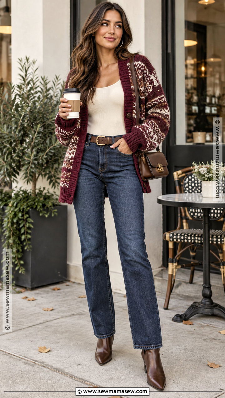 SHEIN Straight Leg Jeans And Statement Cardigan Outfit - 15 fall date night outfit shein ideas