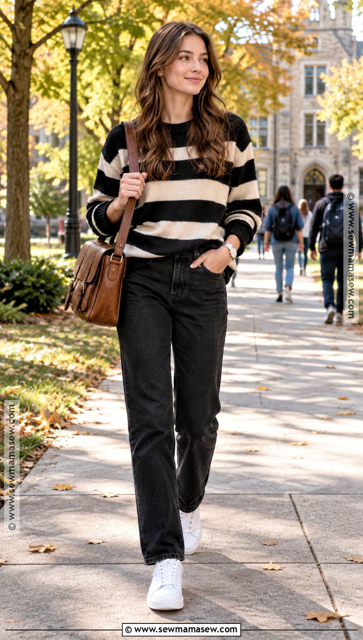 SHEIN Striped Sweater And Black Jeans Outfit - 20 back to school outfits from shein