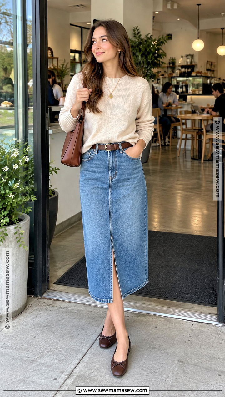 SHEIN Sweater And Denim Midi Skirt Outfit - 20 back to school outfits from shein