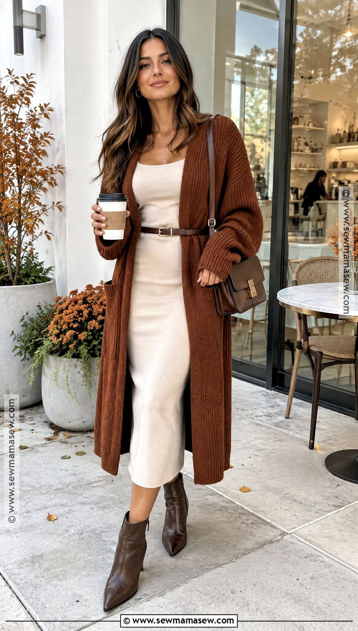 SKIMS Dress With Belted Cardigan And Ankle Boots - 20 skims dress fall outfit ideas