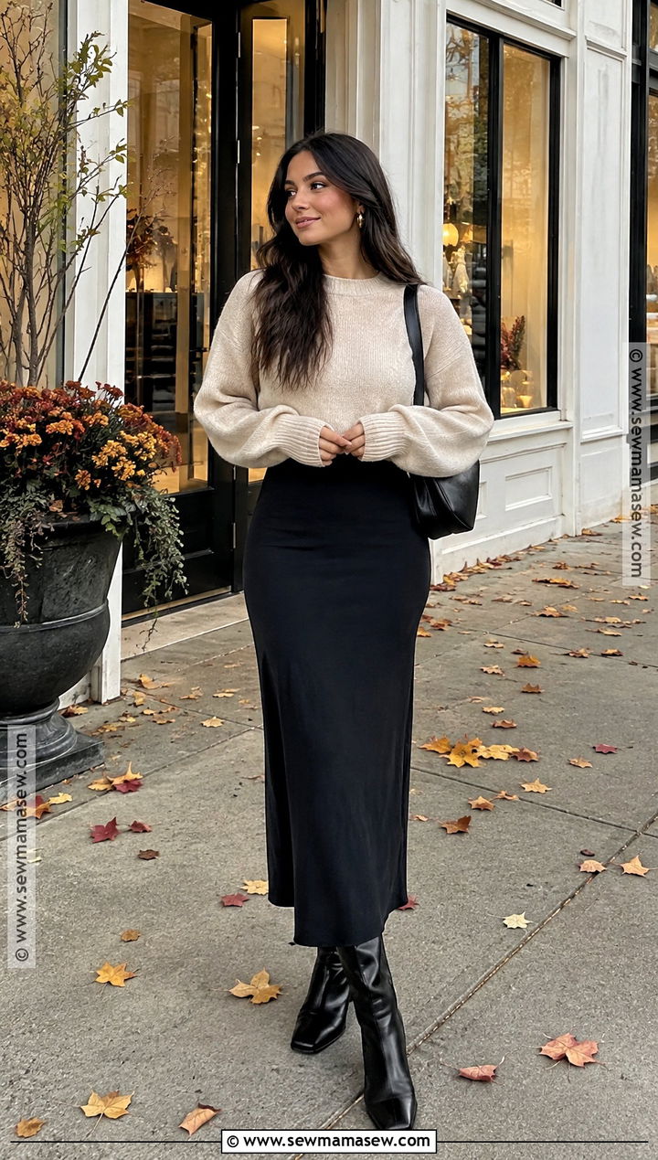 SKIMS Dress With Cropped Sweater And Knee High Boots - 20 skims dress fall outfit ideas