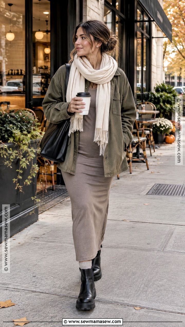 SKIMS Dress With Shacket And Chelsea Boots - 20 skims dress fall outfit ideas