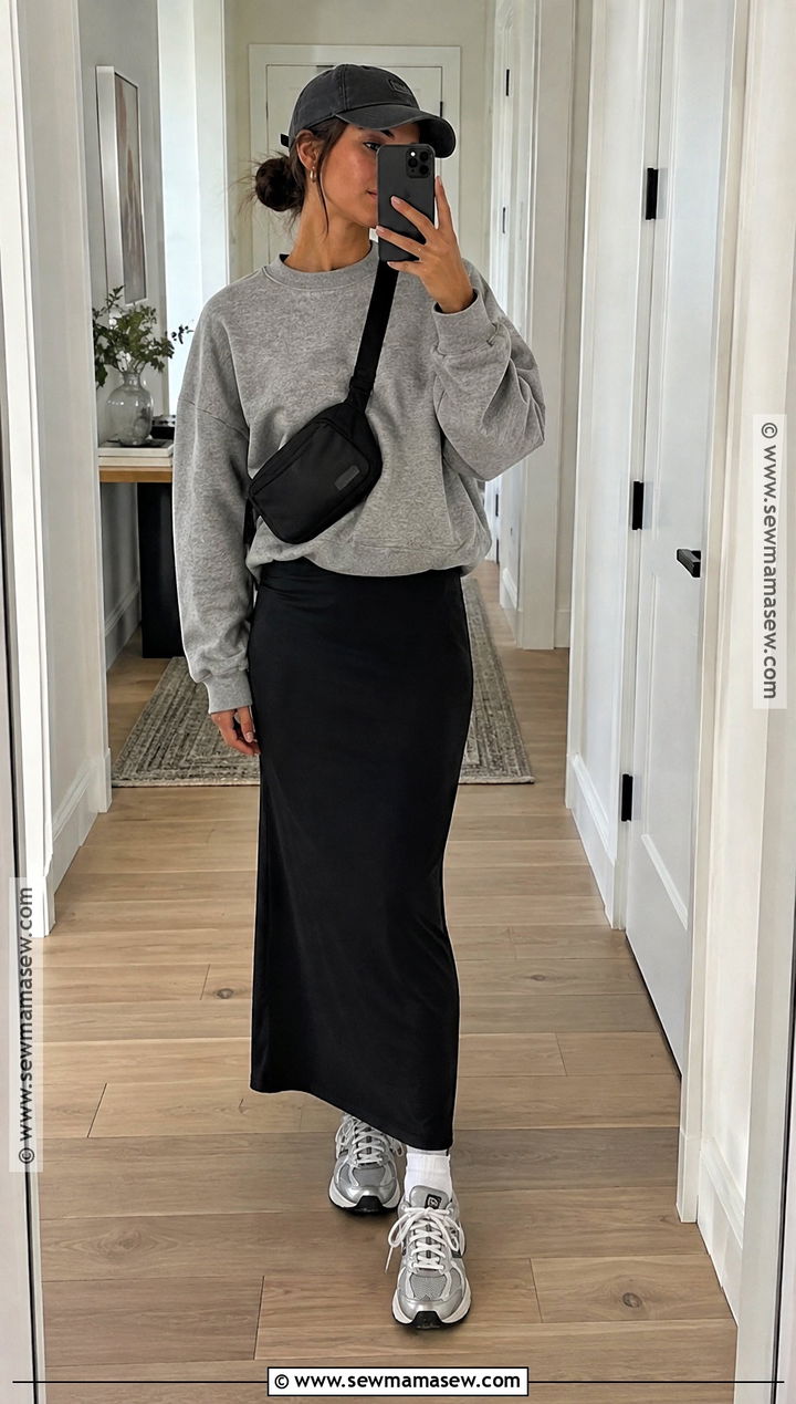 SKIMS Dress With Sweatshirt And Baseball Cap - 20 skims dress fall outfit ideas