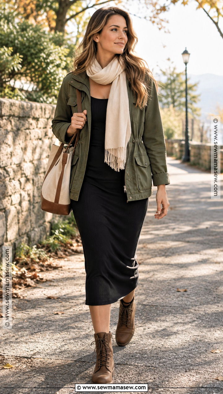 SKIMS Dress With Utility Jacket And Lace Up Boots - 20 skims dress fall outfit ideas