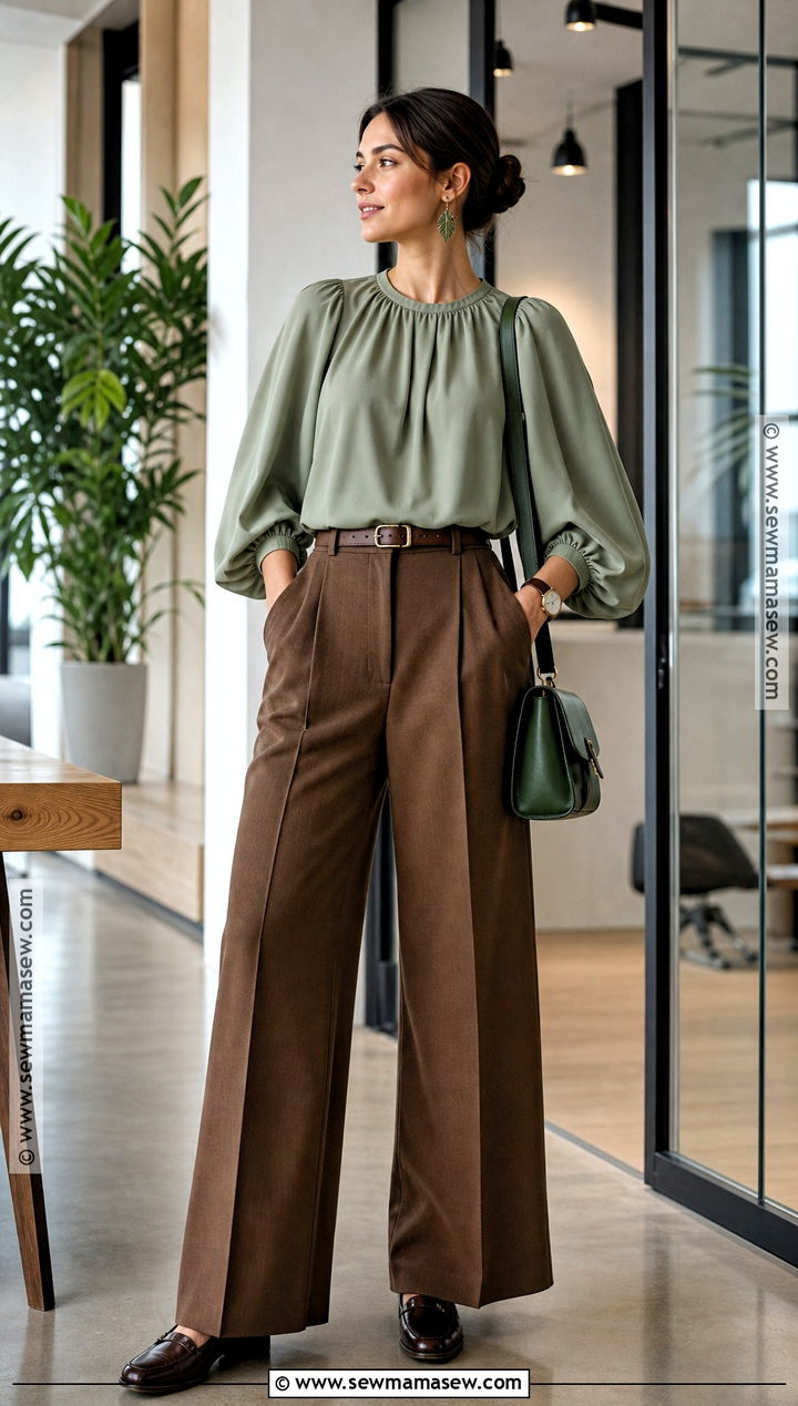 Sage Blouse And Brown Trousers Green Witch Outfit - 30 green witch outfit ideas