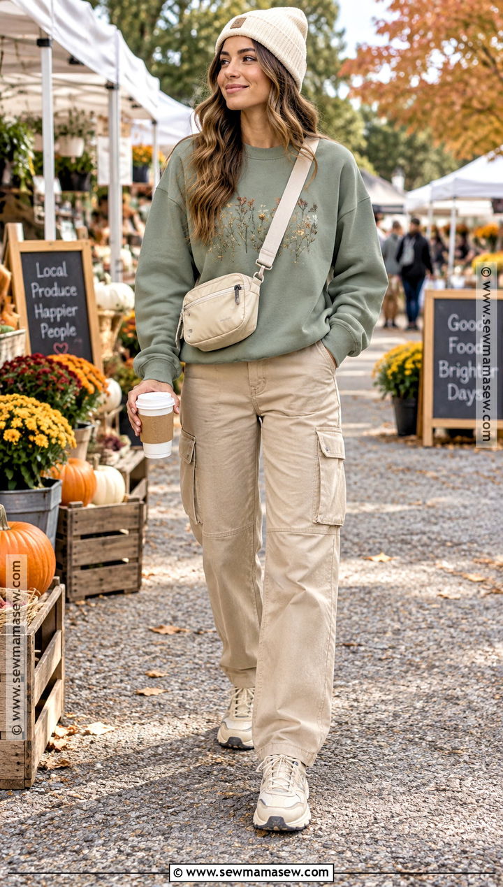 Sage Botanical Embroidered Sweatshirt Outfit With Cargo Pants - 20 Fall Embroidered Sweatshirts Ideas