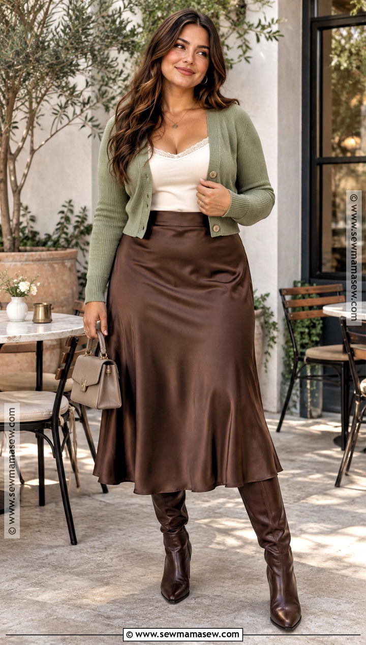 Sage Cardigan And Brown Satin Skirt Outfit - 25 earthy fall outfits