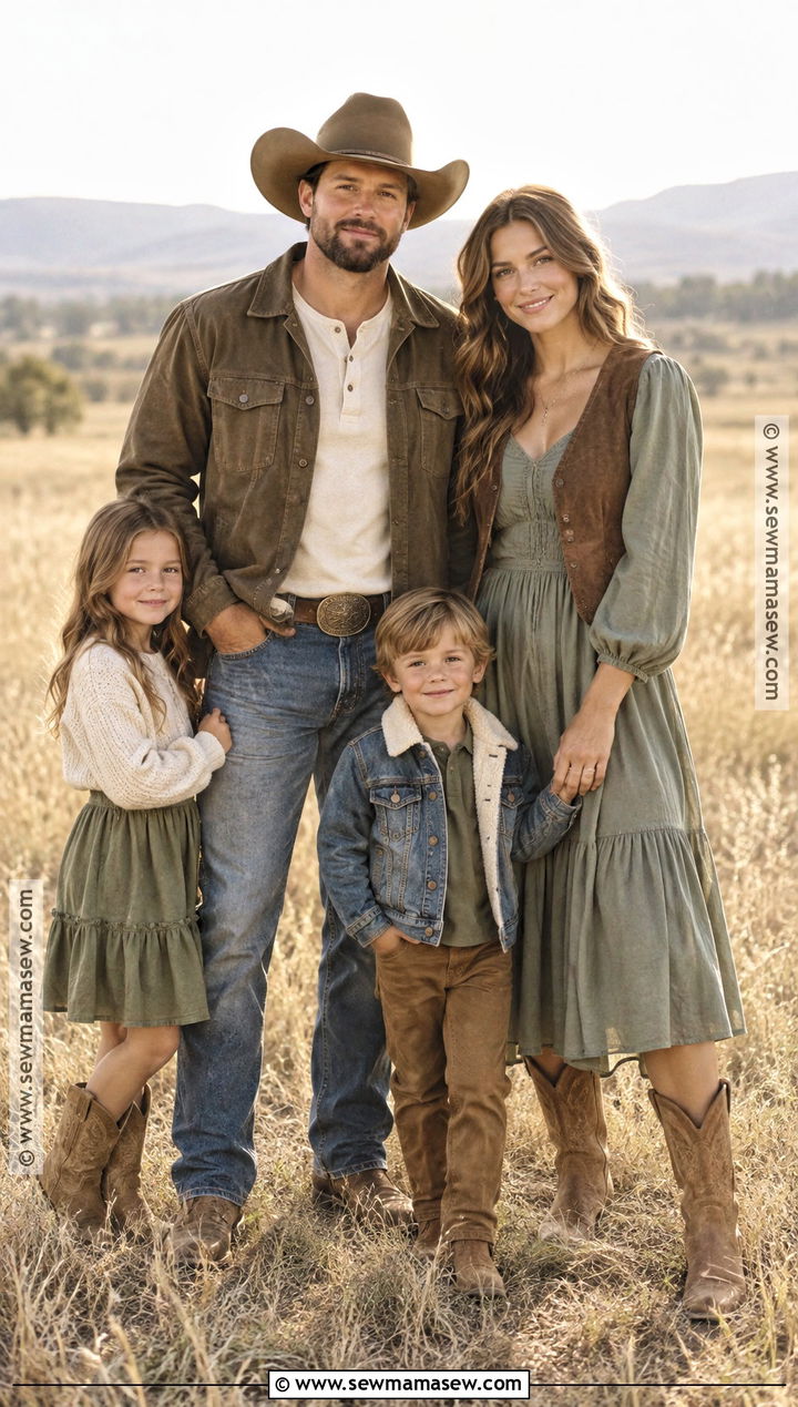 Sage Dress And Brown Vest Western Family Outfit - 20 fall family pictures outfits western