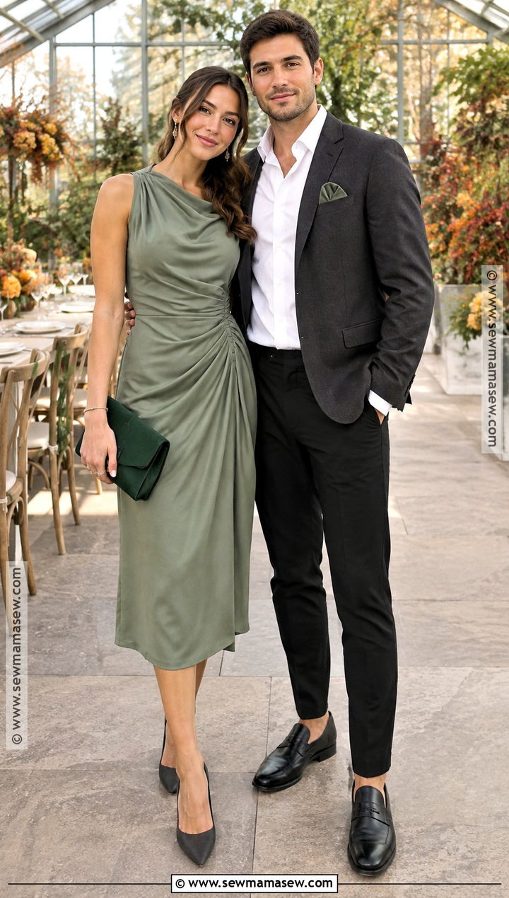 Sage Dress And Charcoal Blazer Fall Wedding Guest Outfit - 15 couples wedding guest outfits fall