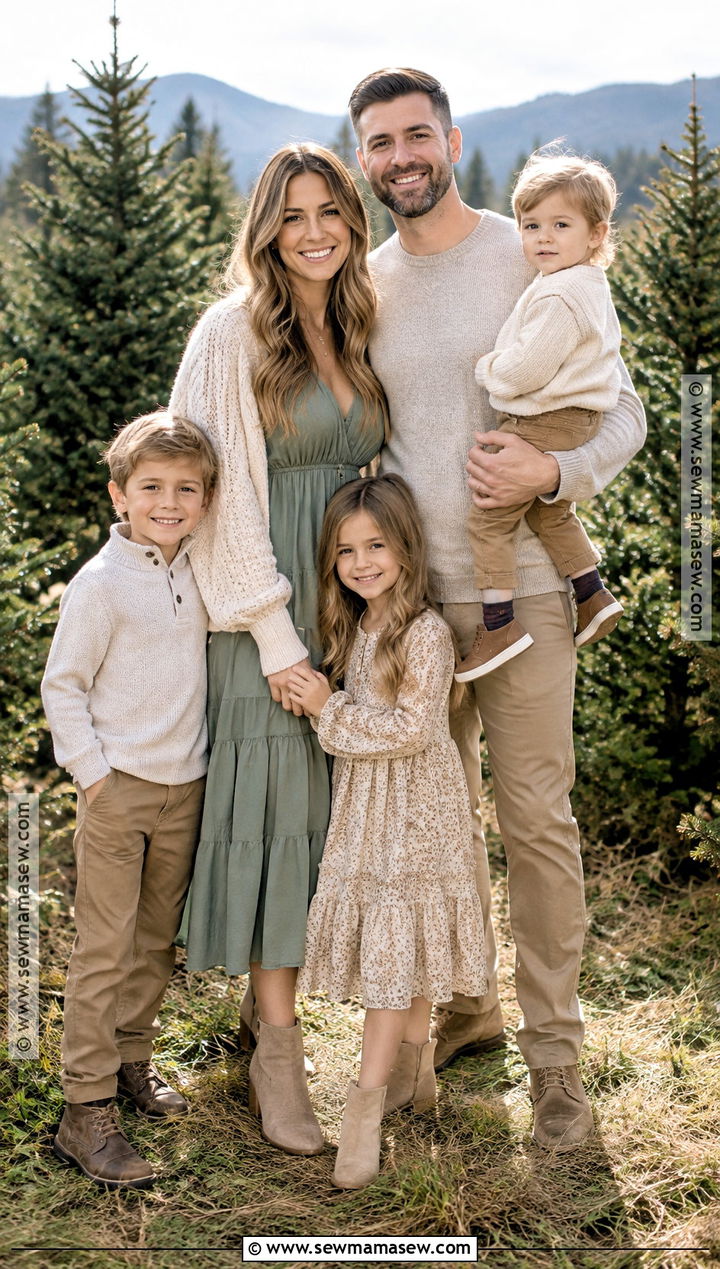 Sage Dress And Oatmeal Family Picture Outfit - 15 Neutral Fall Outfits For Family Pictures