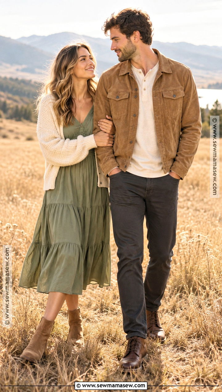 Sage Dress And Tan Jacket Fall Couple Outfit - 25 fall photo shoot outfits for couples