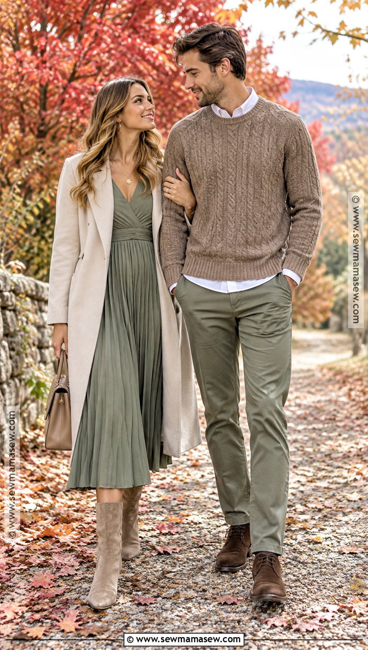 Sage Dress And Taupe Knit Fall Couple Outfit - 15 coordinating couple outfits for pictures fall