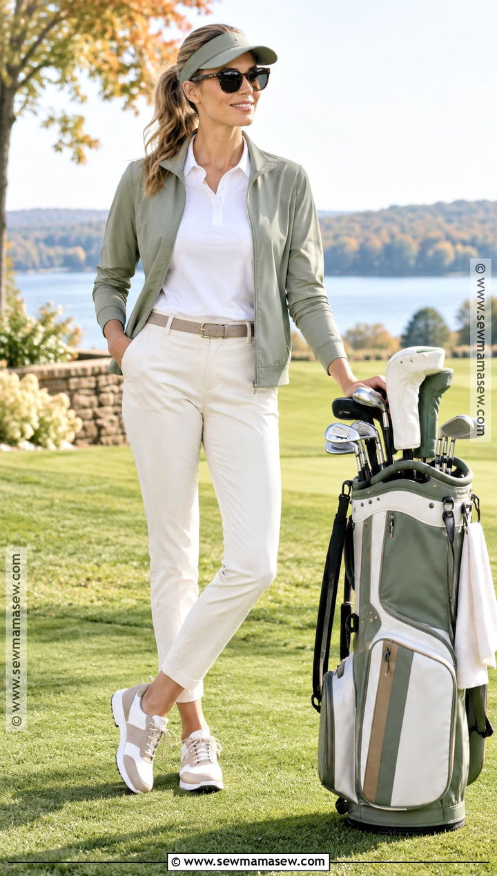 Sage Golf Jacket And Cream Pants - 25 fall golfing outfits for women