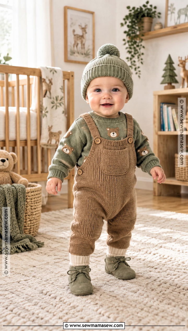 Sage Green Bear Sweater And Overall Outfit - 15 Green Baby Clothes Fall