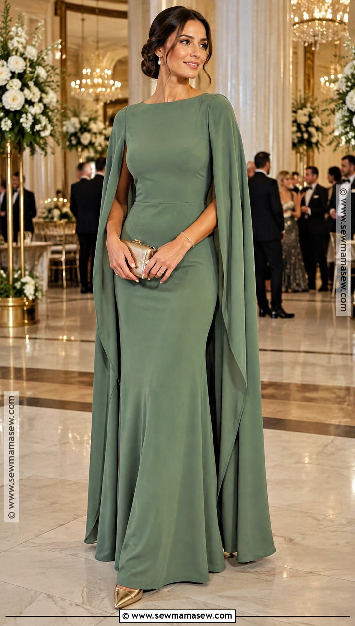 Sage Green Cape Sleeve Maxi Dress - 15 sage green fall wedding guest dress ideas