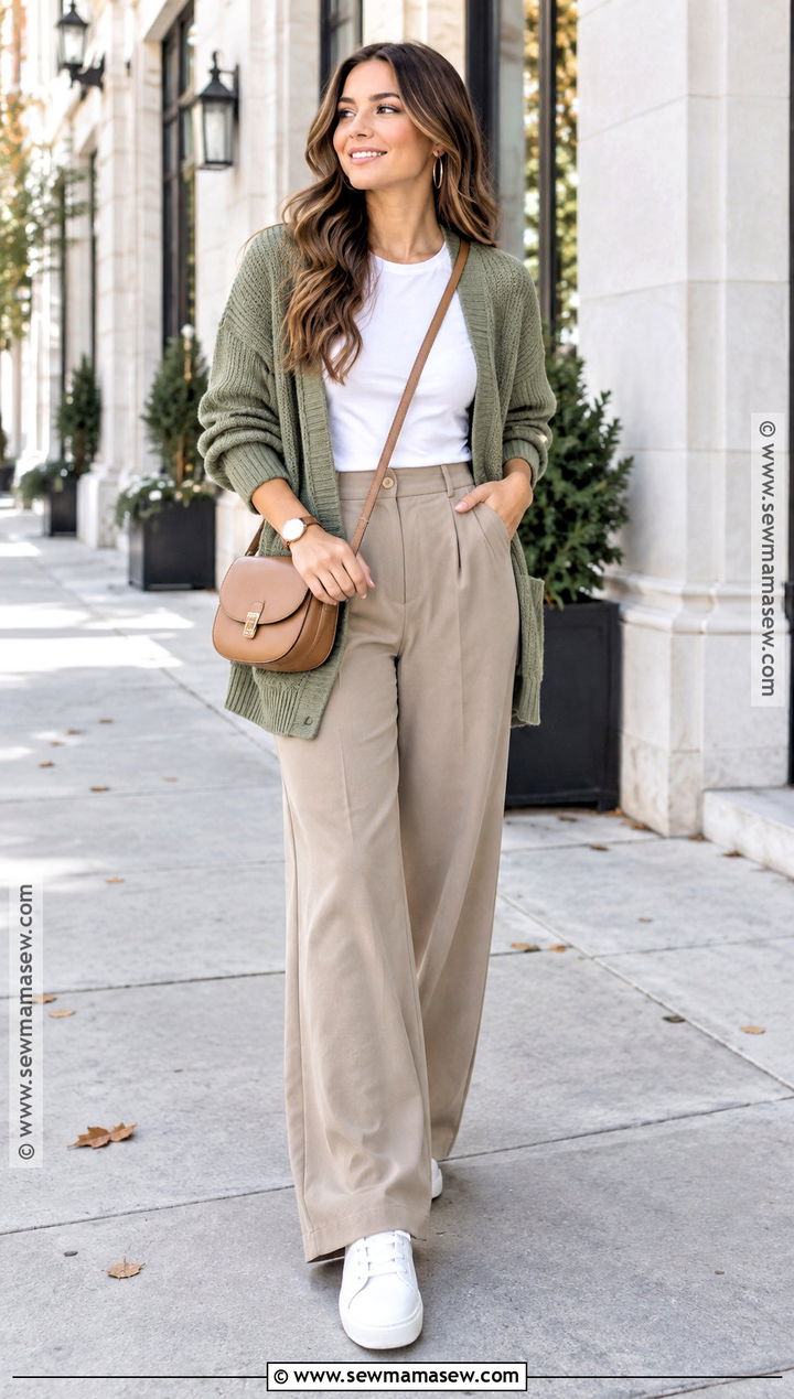 Sage Green Cardigan And Wide Leg Pants Outfit - 15 Autumn Green Outfit Ideas