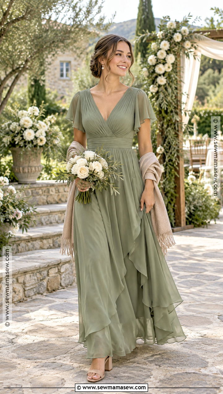 Sage Green Chiffon Flutter Sleeve Bridesmaid Dress - 20 bridesmaid dresses autumn