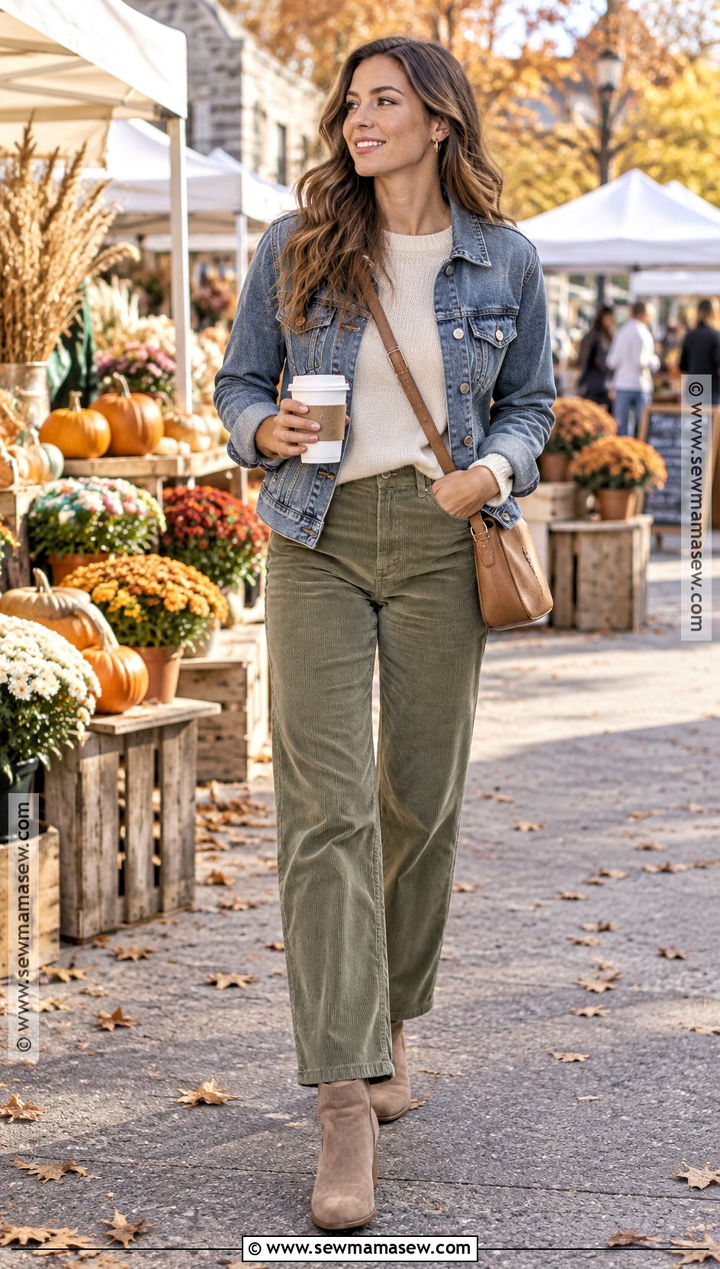 Sage Green Corduroy Pants With Denim Jacket - 20 green pants outfit fall