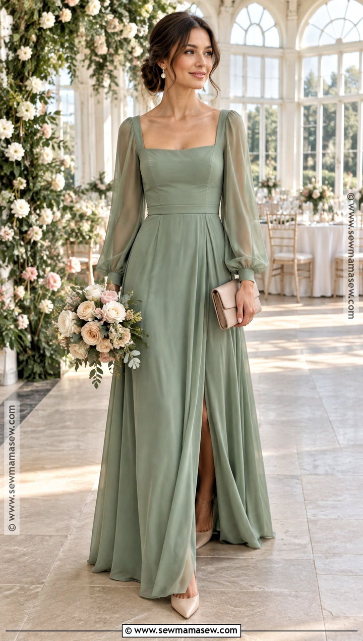 Sage Green Crepe Bridesmaid Dress With Sleeves - 15 October Bridesmaid Dresses Green